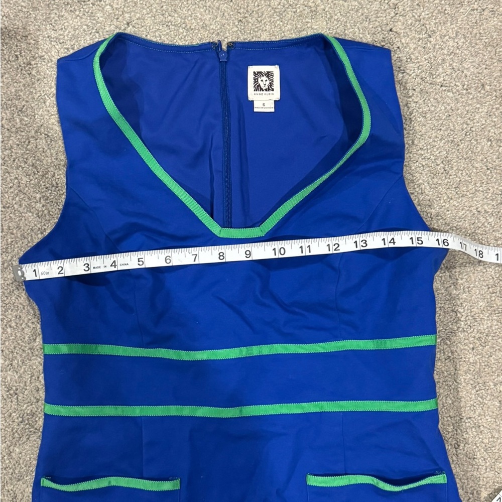 Anne Klein Sheath Knee Length Sleeveless Blue Green Piping Pockets Cotton Size 6 - Picture 4 of 9